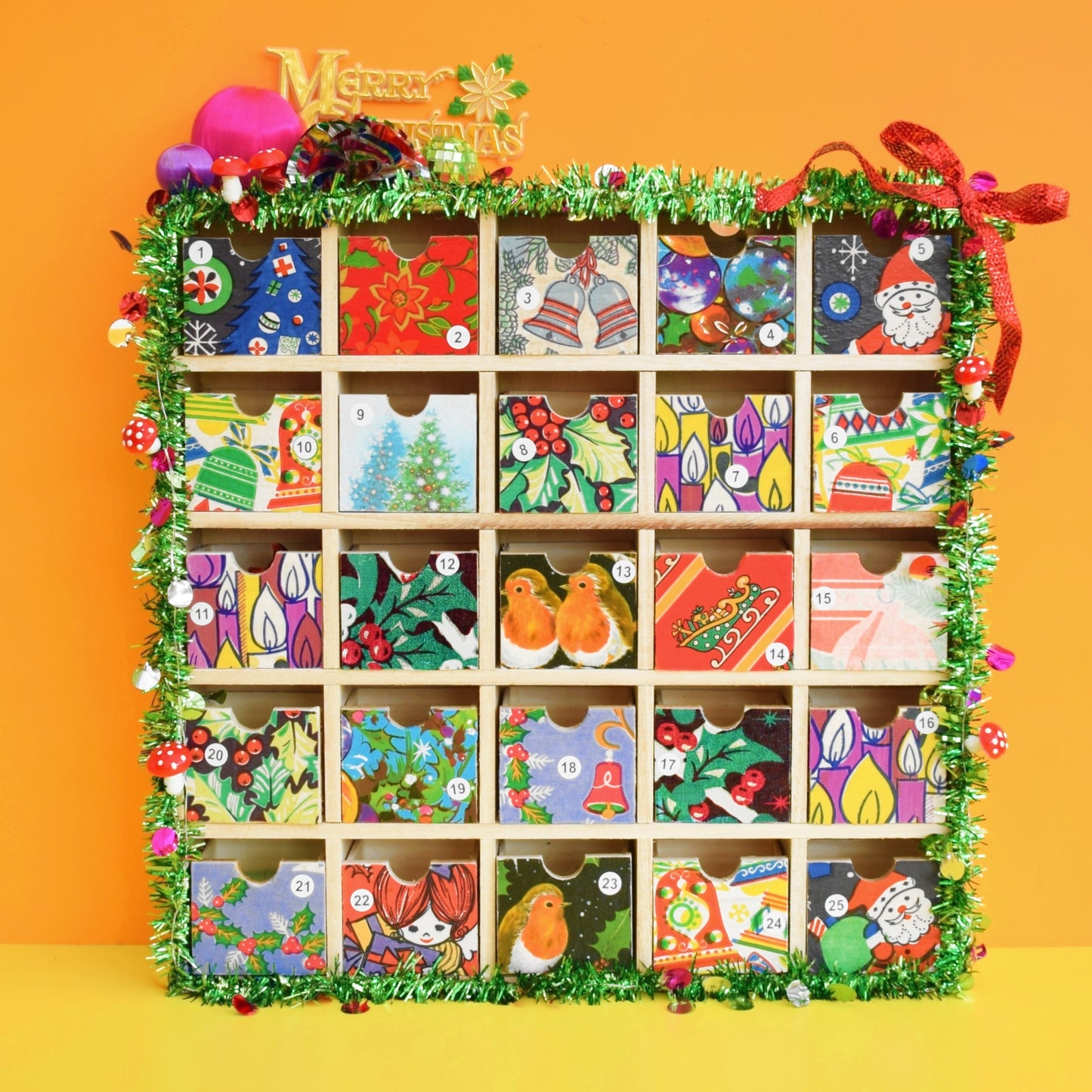 Unique Wooden Multi Drawer Filled Advent Calendar - Vintage Papers - Patchwork