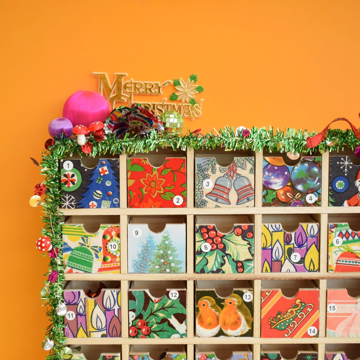 Unique Wooden Multi Drawer Filled Advent Calendar - Vintage Papers - Patchwork