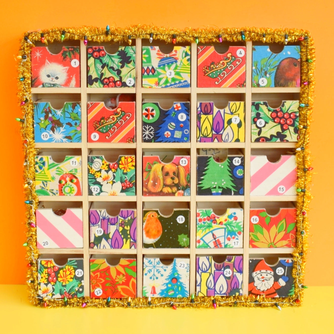 Unique Wooden Multi Drawer Filled Advent Calendar - Vintage Papers - Patchwork .