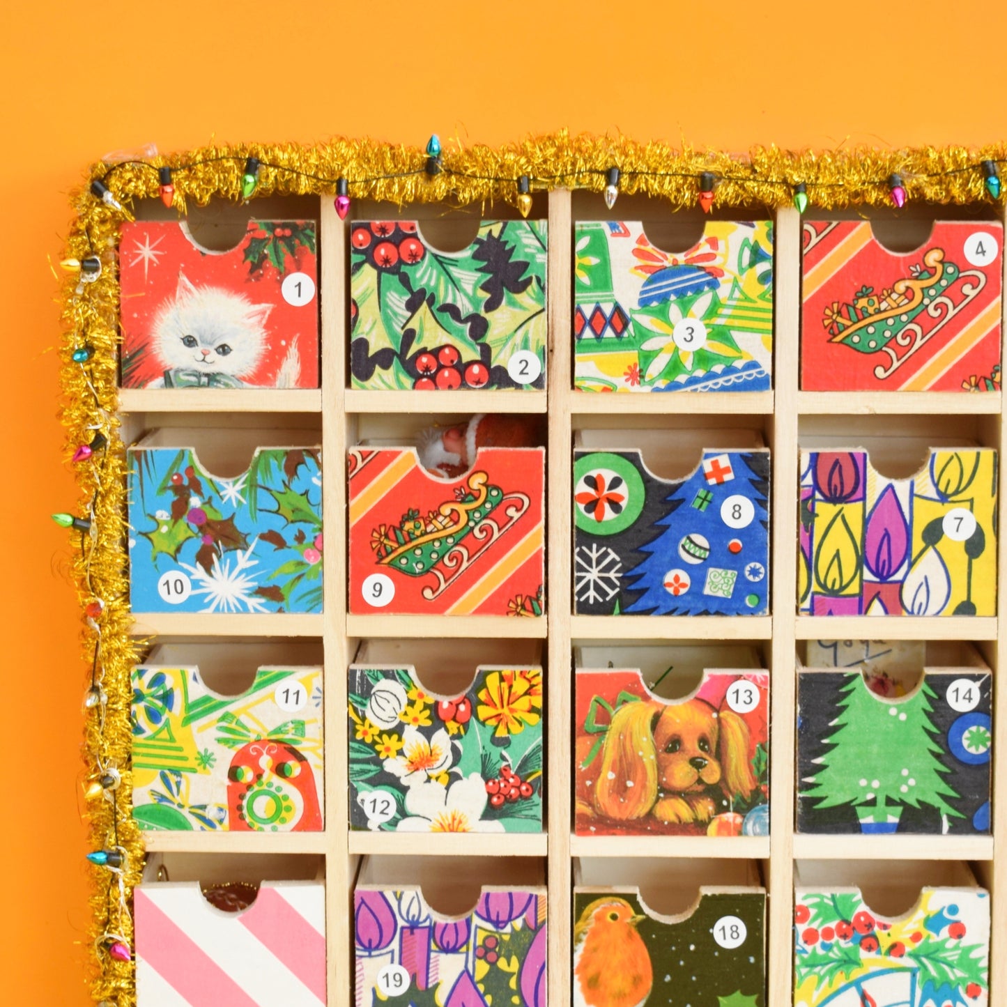 Unique Wooden Multi Drawer Filled Advent Calendar - Vintage Papers - Patchwork .