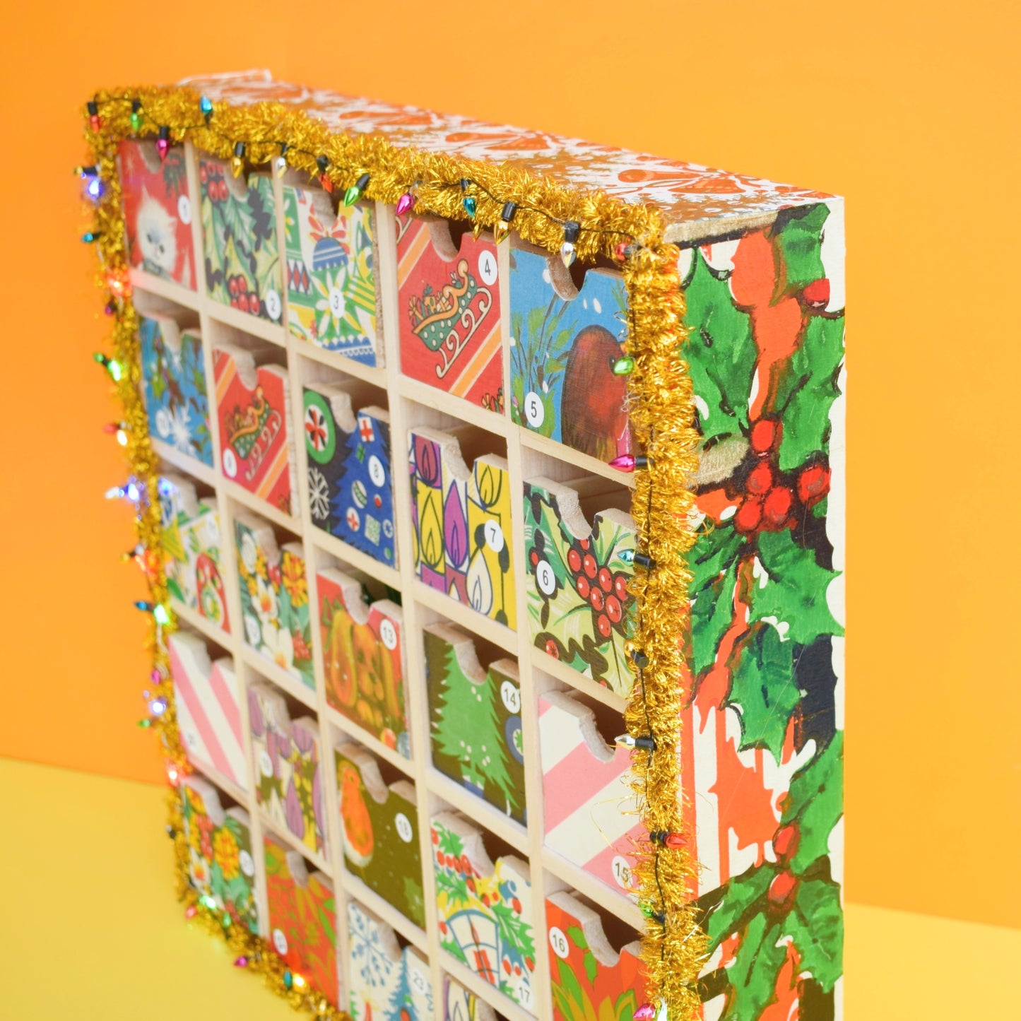 Unique Wooden Multi Drawer Filled Advent Calendar - Vintage Papers - Patchwork .