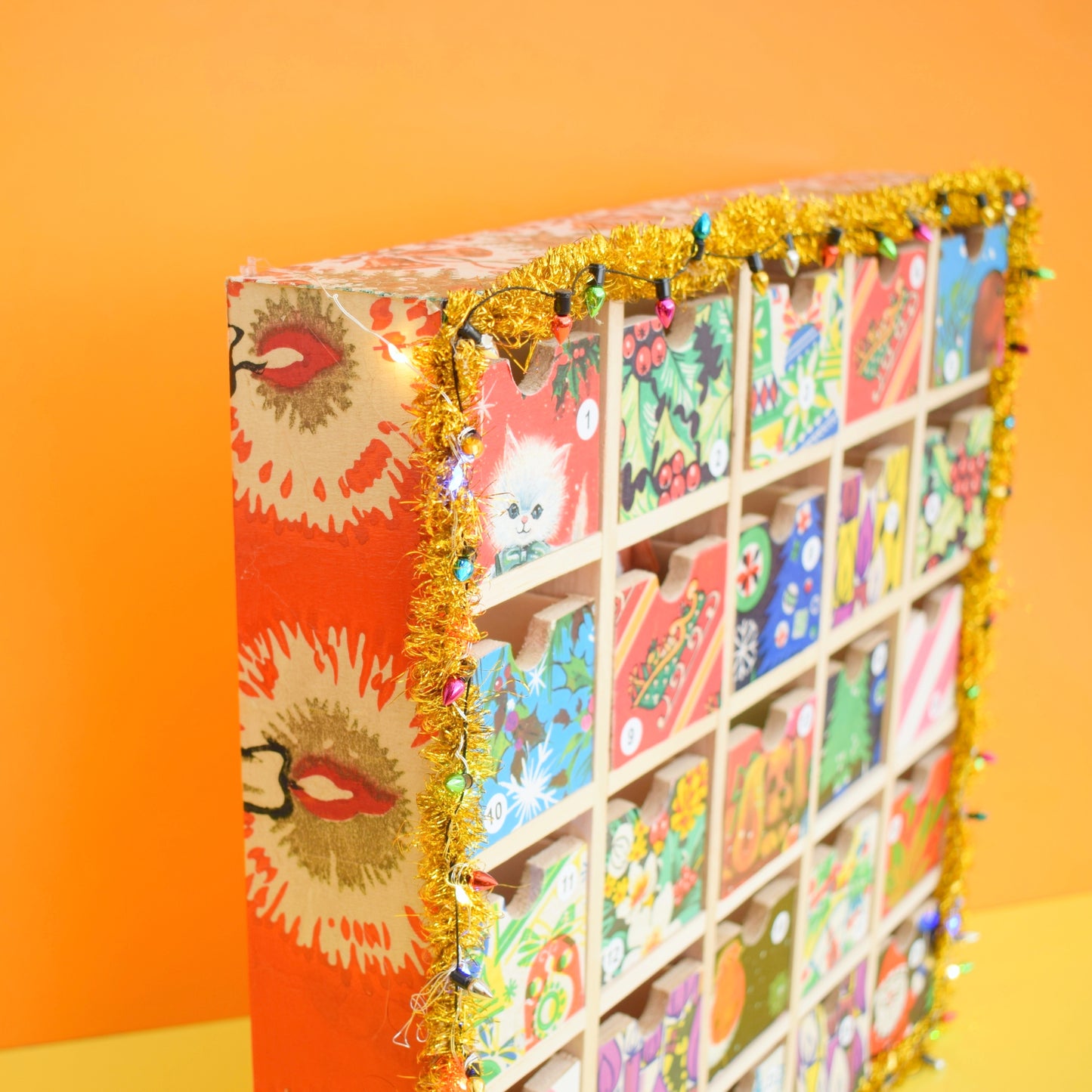 Unique Wooden Multi Drawer Filled Advent Calendar - Vintage Papers - Patchwork .
