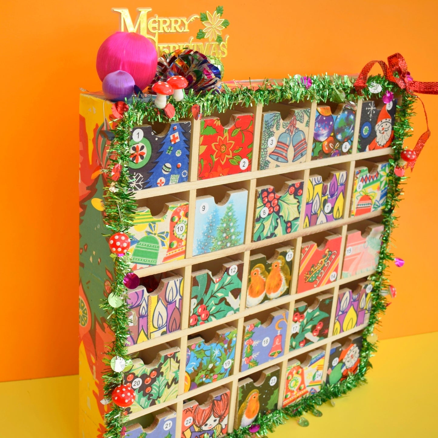 Unique Wooden Multi Drawer Filled Advent Calendar - Vintage Papers - Patchwork