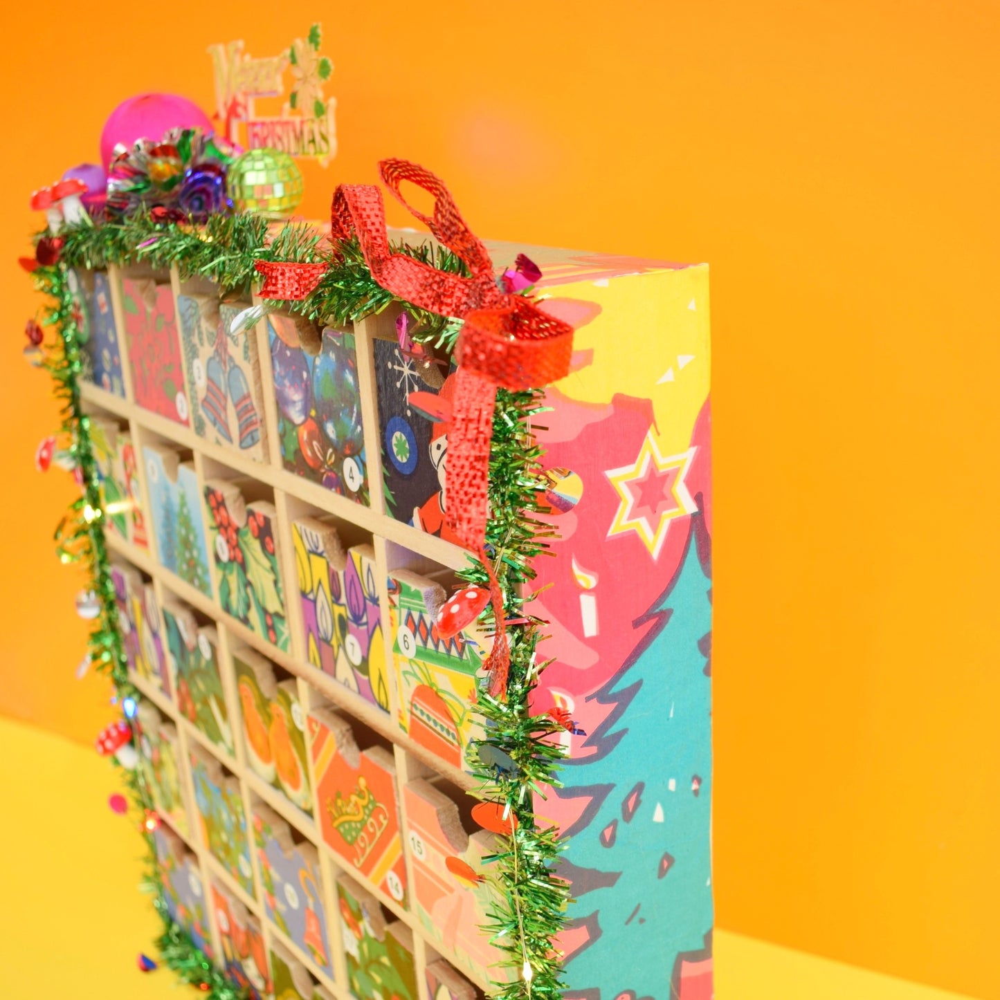 Unique Wooden Multi Drawer Filled Advent Calendar - Vintage Papers - Patchwork