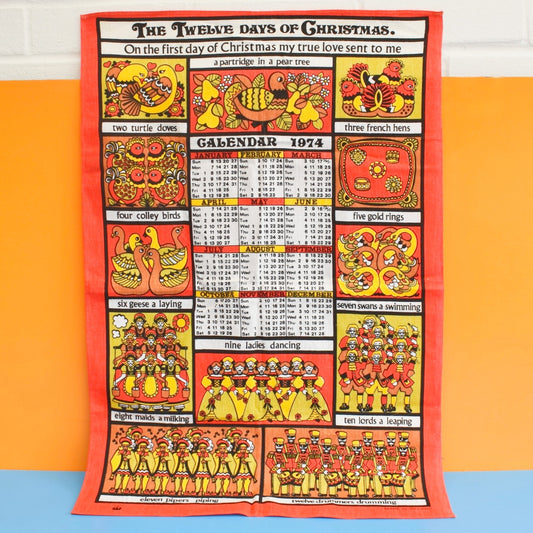 Vintage 1970s Calendar Tea Towel -  The Twelve Days Of Christmas