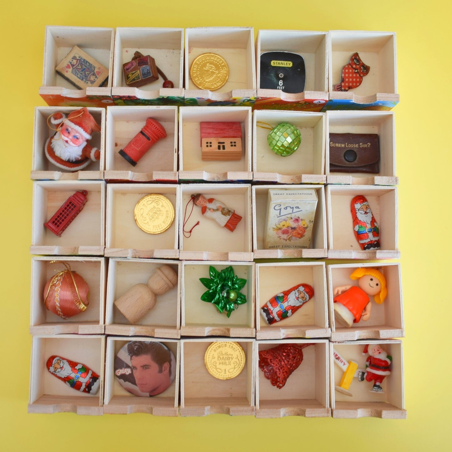 Unique Wooden Multi Drawer Filled Advent Calendar - Vintage Papers - Patchwork .