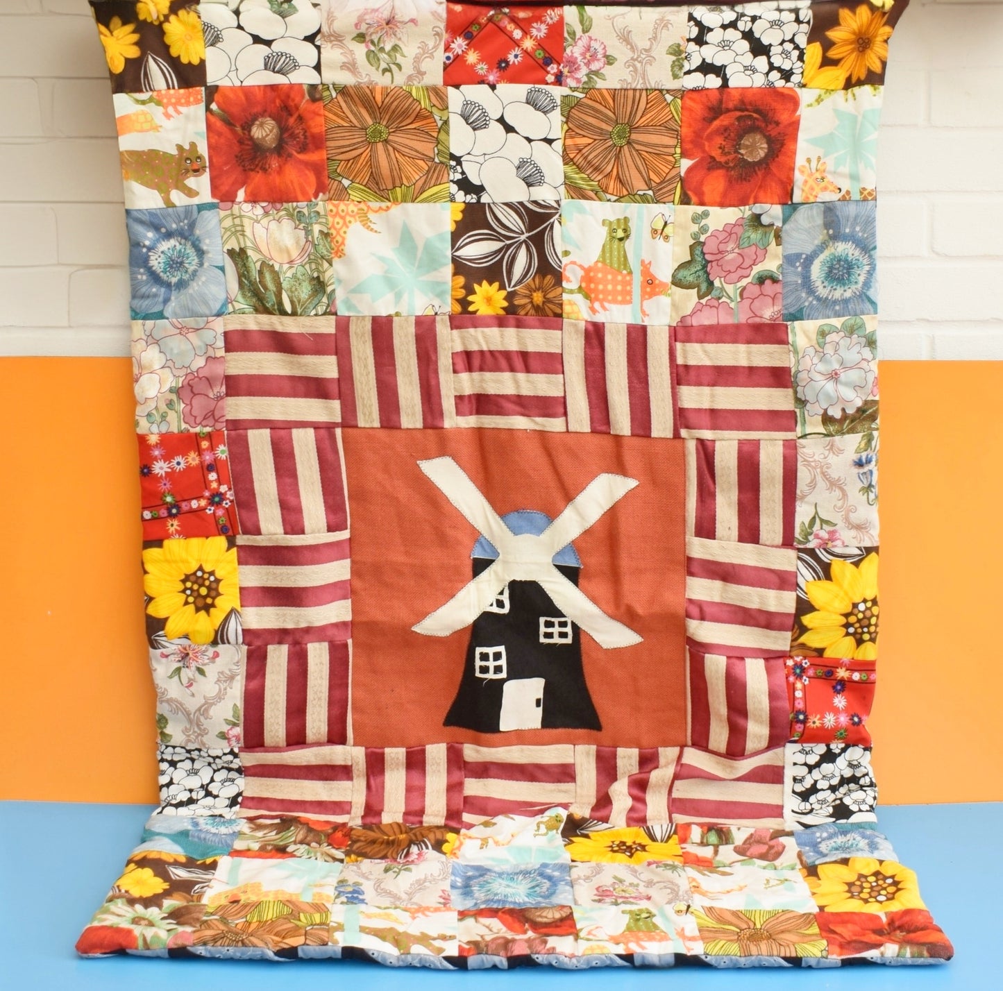 Vintage 1980s Patchwork Quilt / Bedcover - Mixed Patterns / Windmill