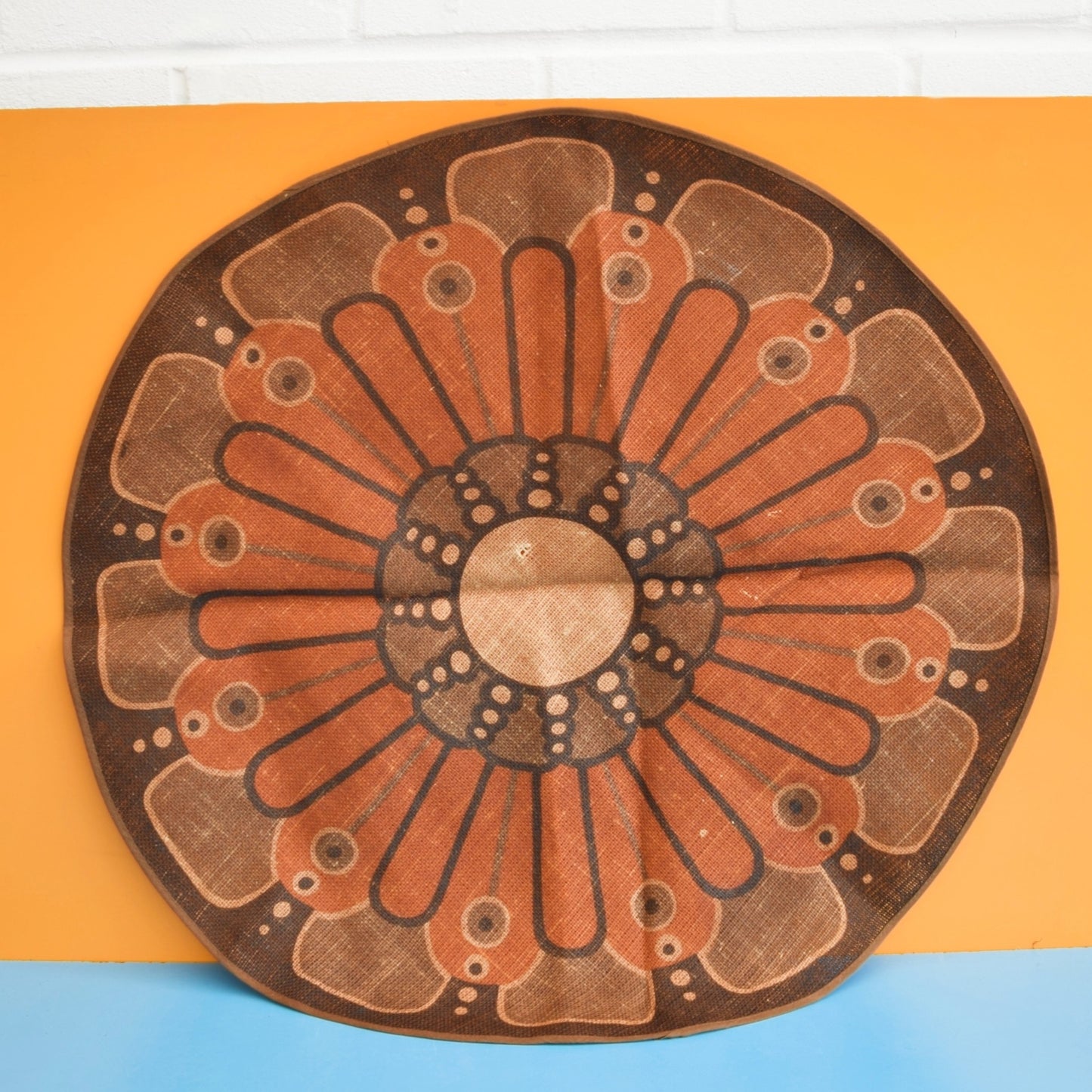 Vintage 1970s Round Flower Table Centre - Brown Linen - Sweden