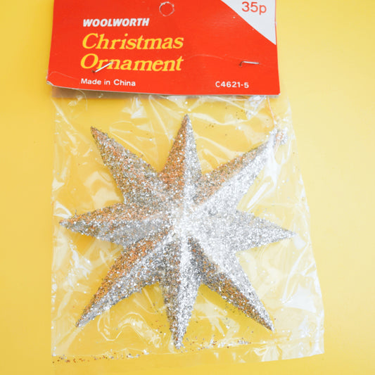 Vintage 1980s Silver Glittery Christmas Star / Tree Decoration - Woolworths