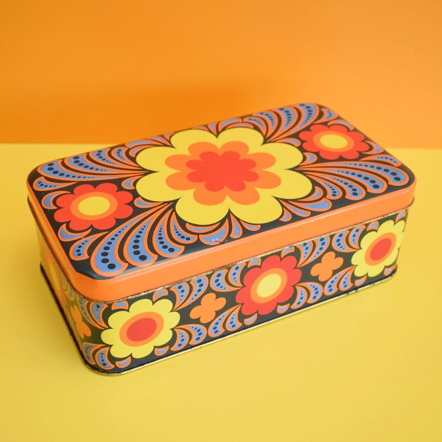 Vintage 1970s Metal Tin - Flower Power - Orange