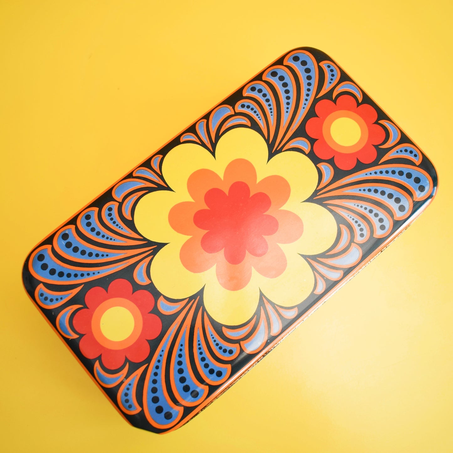 Vintage 1970s Metal Tin - Flower Power - Orange