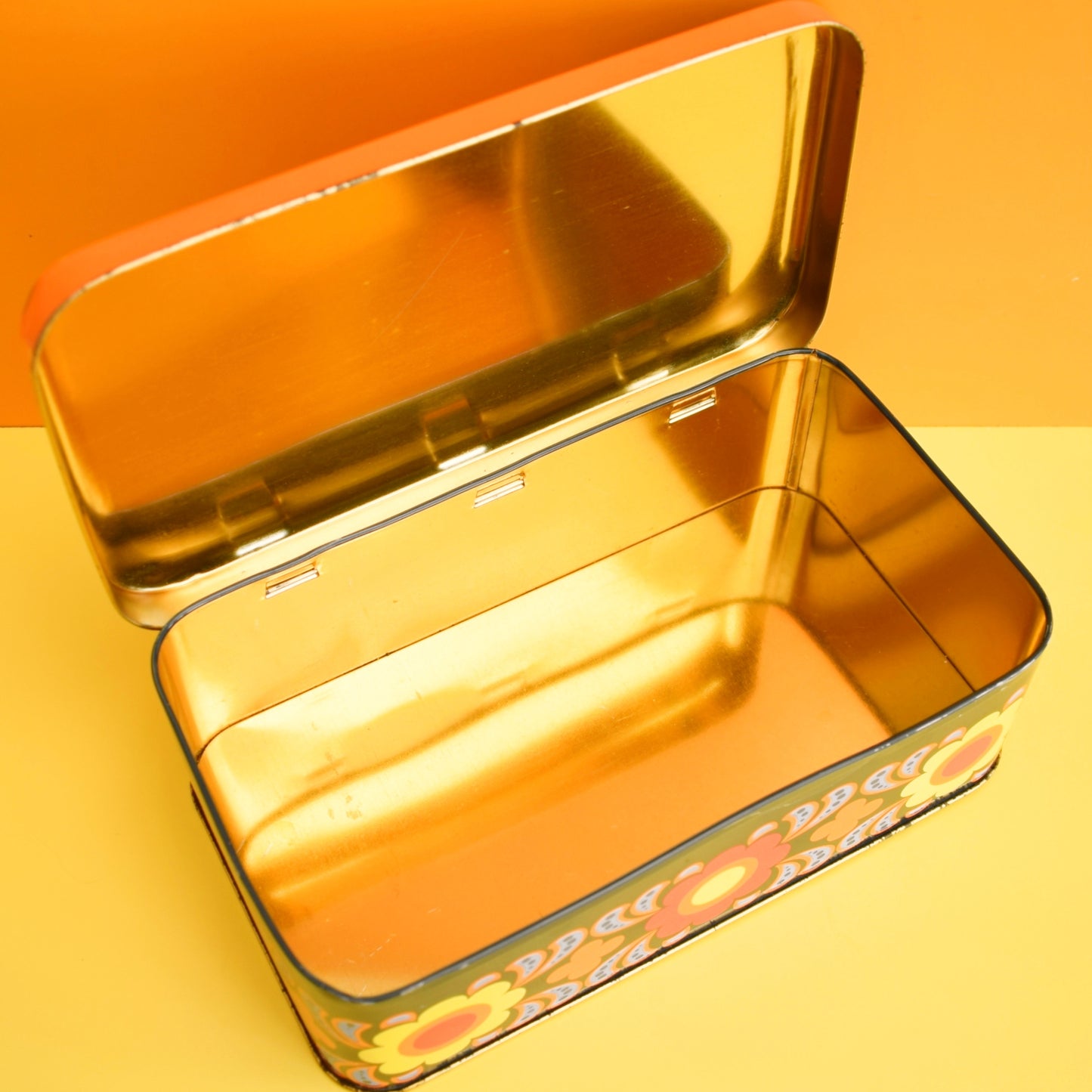 Vintage 1970s Metal Tin - Flower Power - Orange