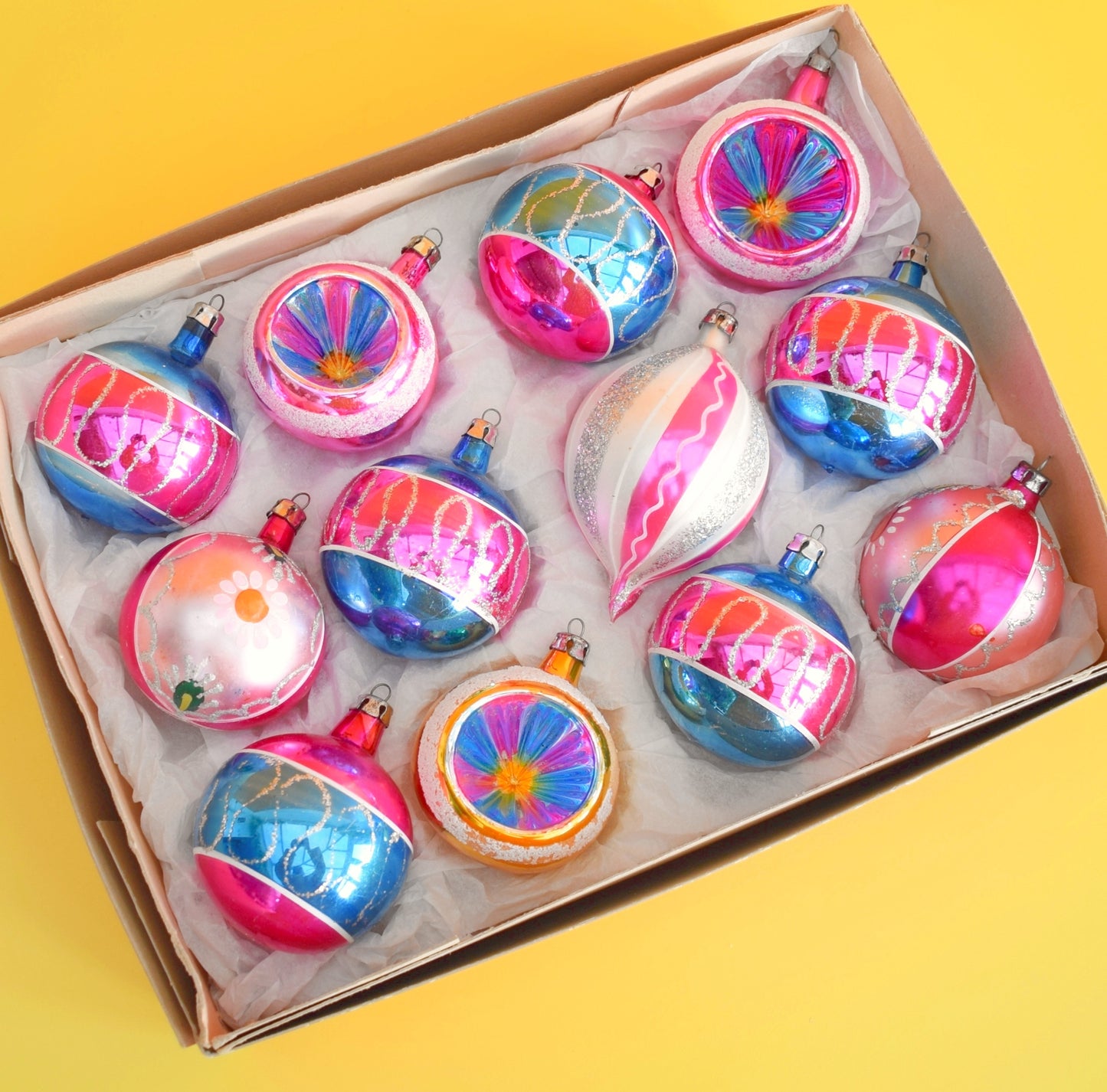 Vintage 1970s Glass Christmas Baubles - Large - Pink & Blue