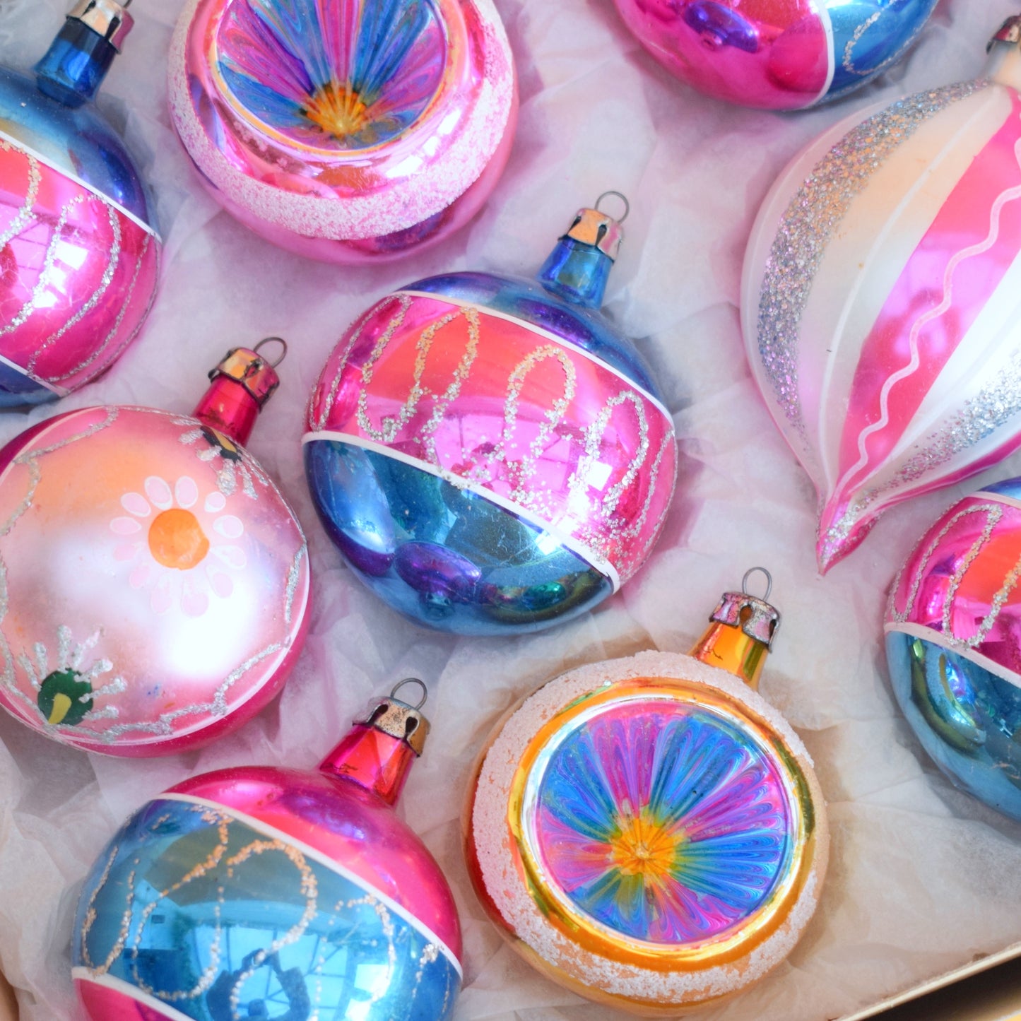 Vintage 1970s Glass Christmas Baubles - Large - Pink & Blue