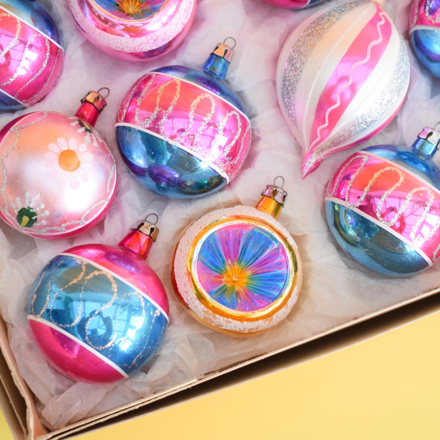 Vintage 1970s Glass Christmas Baubles - Large - Pink & Blue