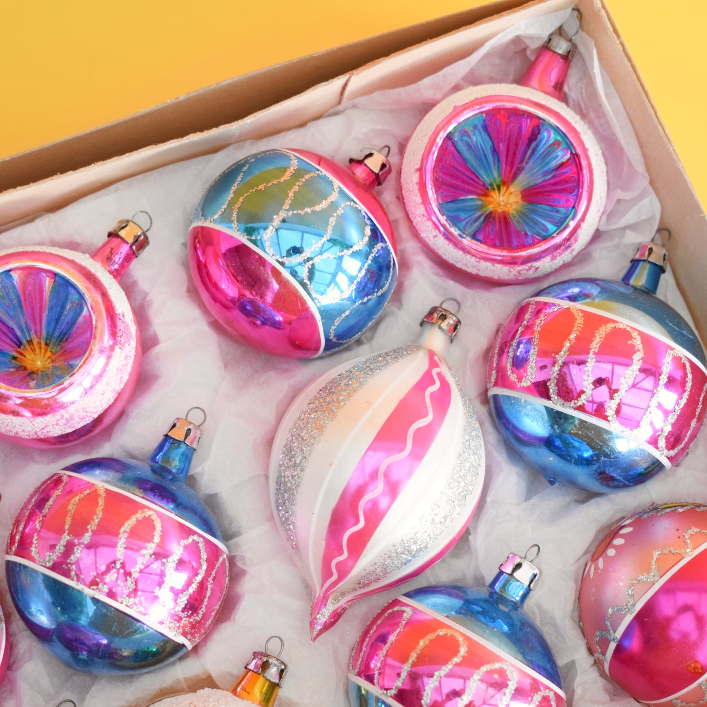 Vintage 1970s Glass Christmas Baubles - Large - Pink & Blue