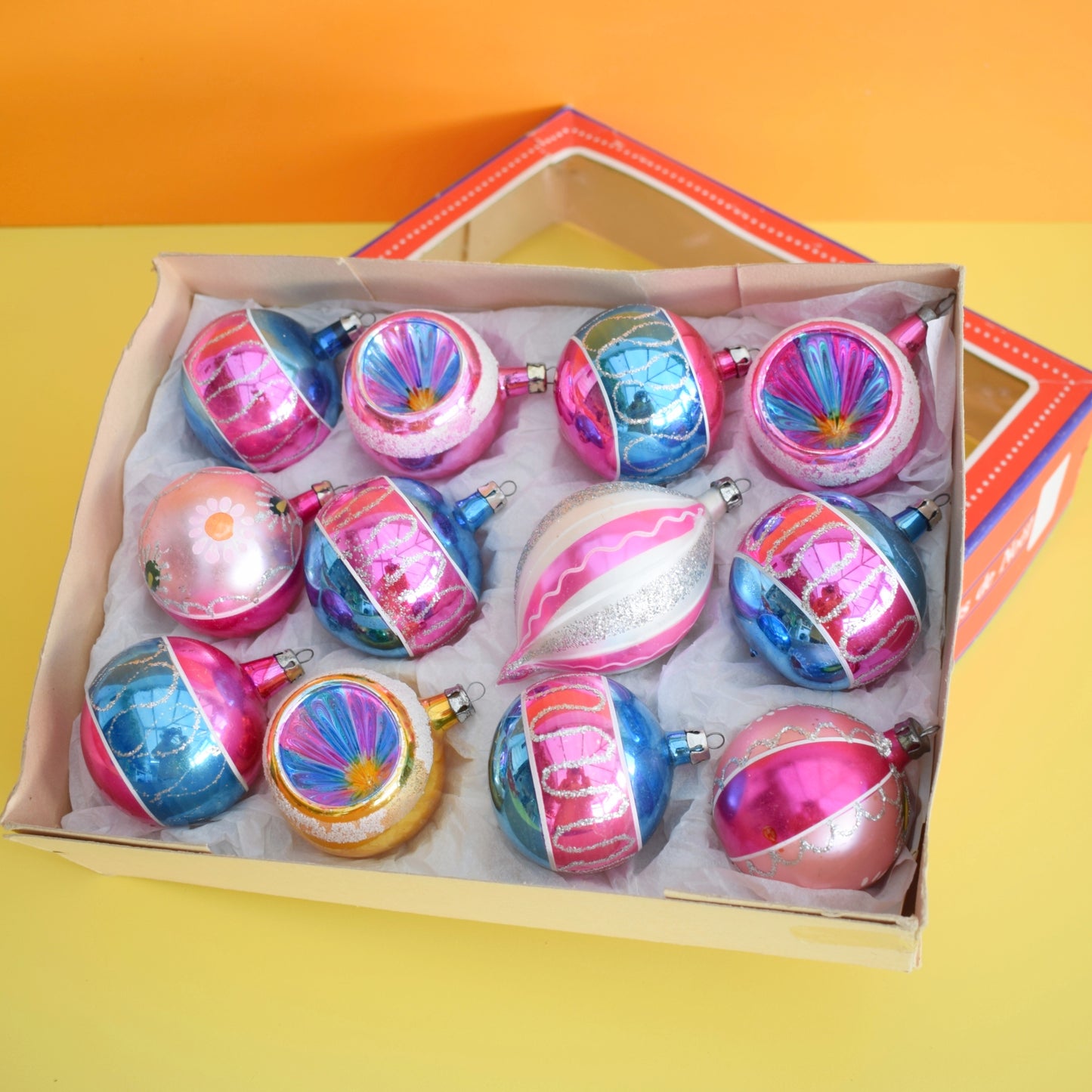 Vintage 1970s Glass Christmas Baubles - Large - Pink & Blue