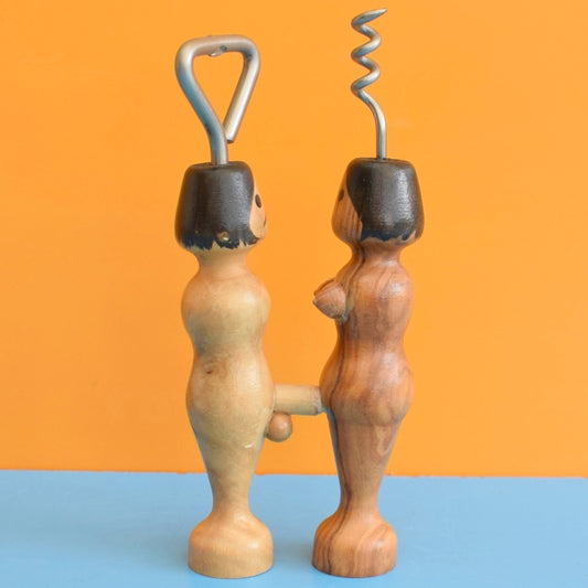 Vintage 1960s Wooden Corkscrew / Bottle Opener- Risqué / Kitsch