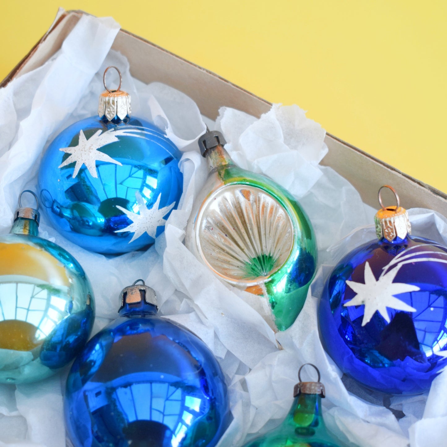Vintage 1970s Glass Christmas Baubles - Medium - Blue & Green