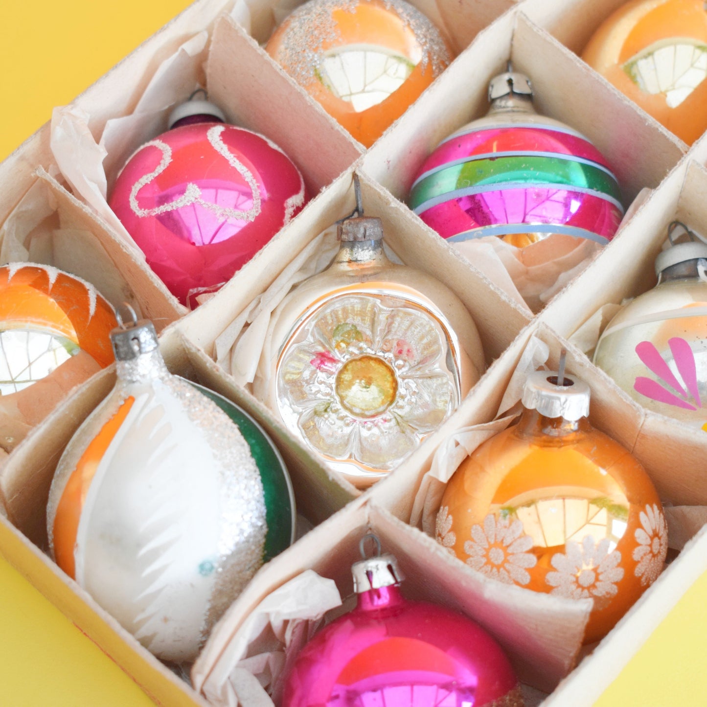 Vintage 1960s Glass Christmas Baubles - Medium -Pink & Gold x12