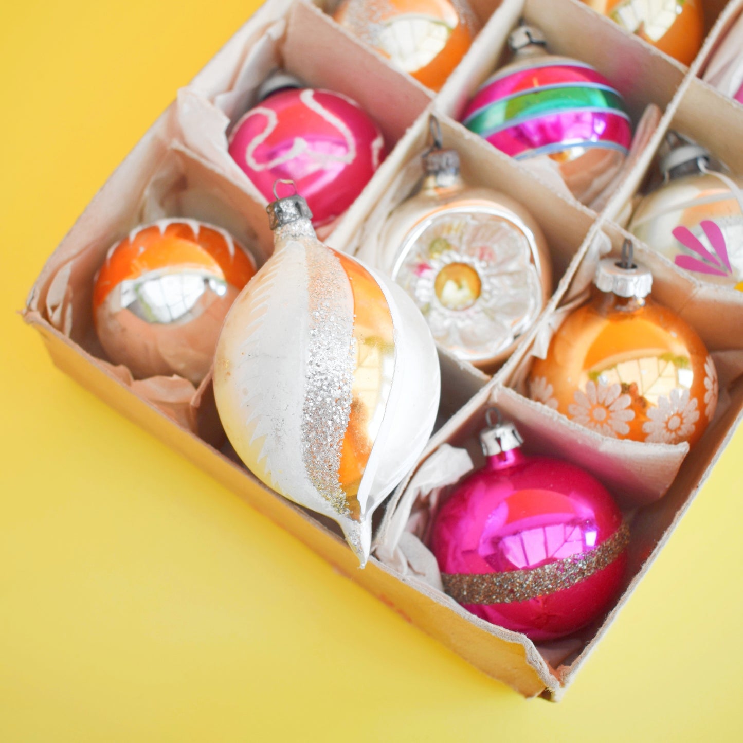 Vintage 1960s Glass Christmas Baubles - Medium -Pink & Gold x12