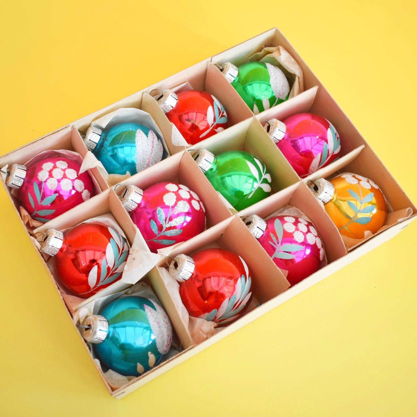 Vintage 1970s Glass Christmas Baubles - Medium - Hand Painted x12