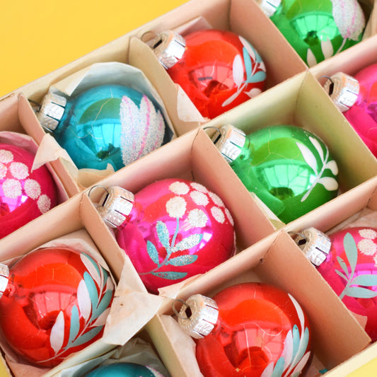 Vintage 1970s Glass Christmas Baubles - Medium - Hand Painted x12