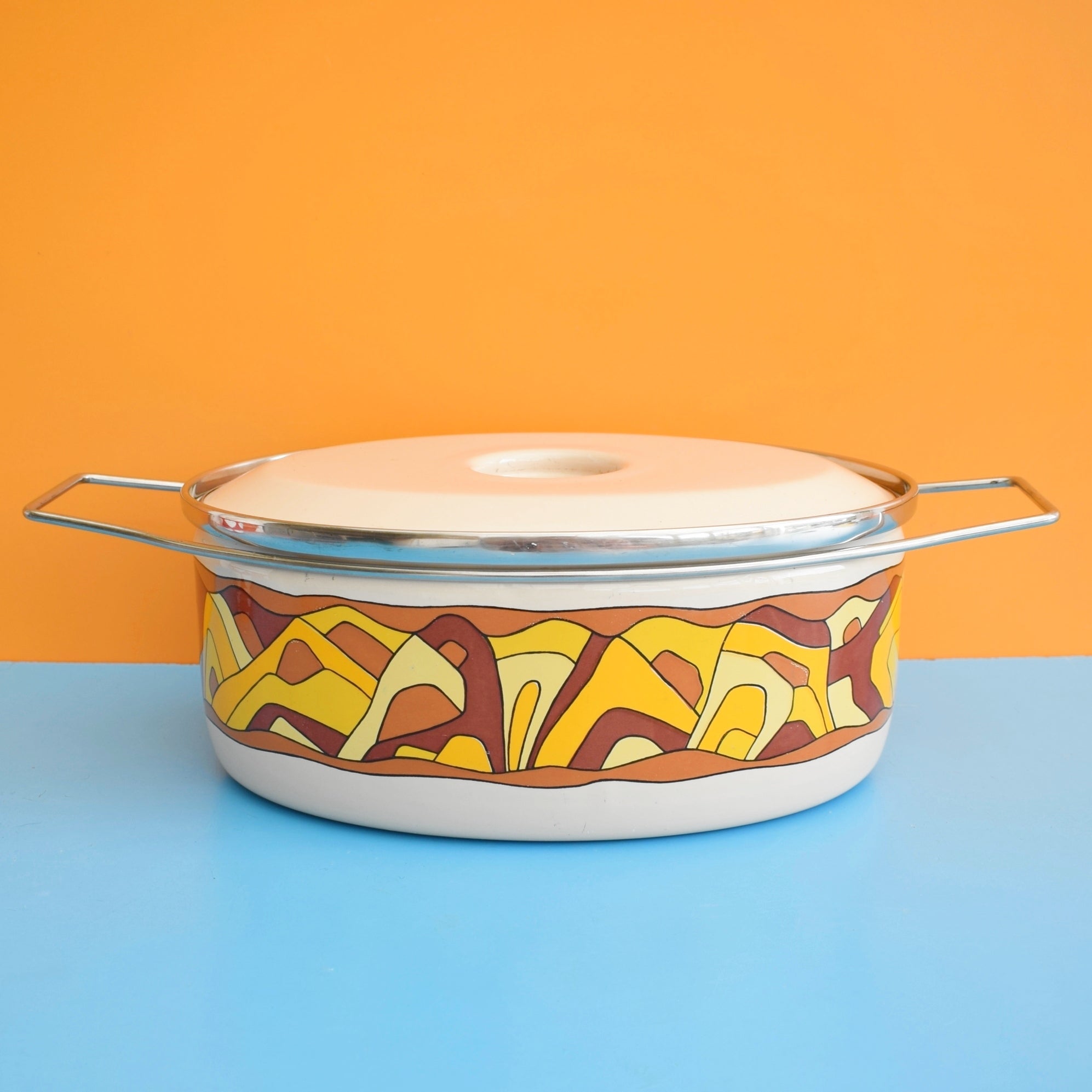 Vintage 1960s Enamel Casserole - Siltal Italy - Yellow & Brown