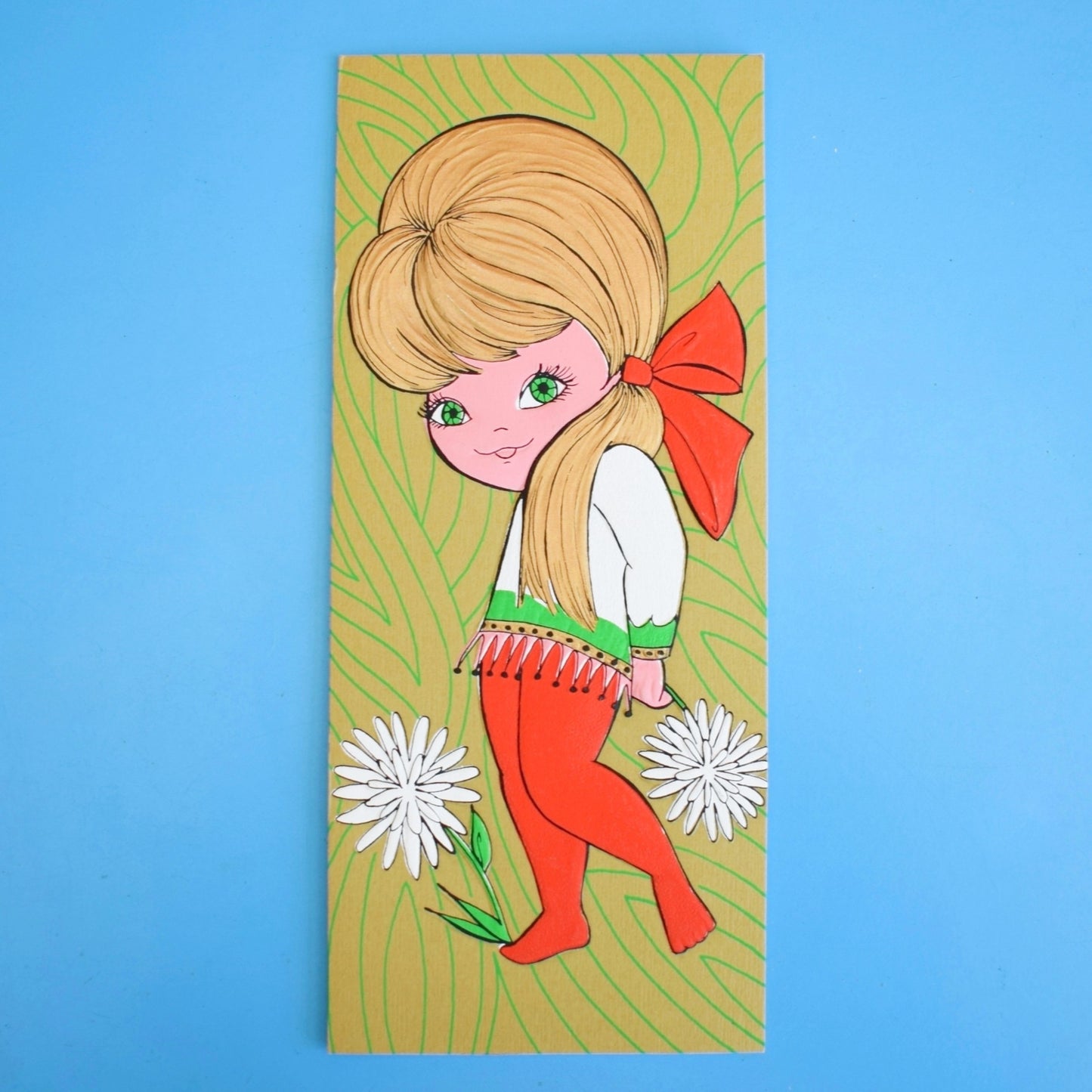 Vintage 1970s Greeting card - American Girl- Red Tights / Flowers