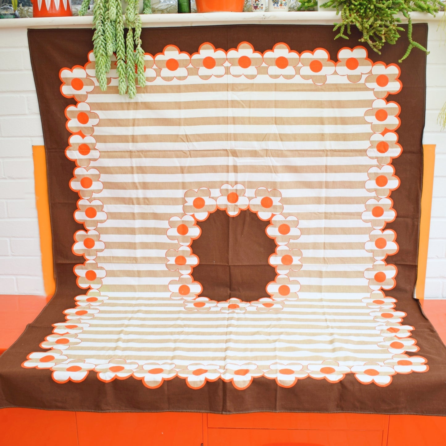 Vintage 1970s Large Tablecloth & Napkin Set - Brown Orange Flower