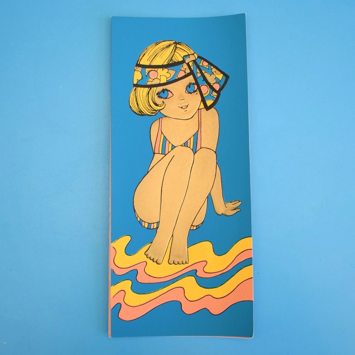 Vintage 1970s Greeting card - American Girl On Beach - Gold