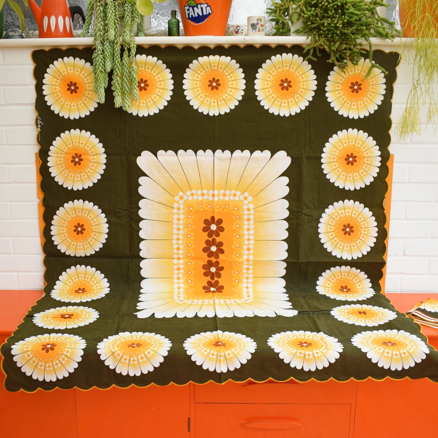 Vintage 1970s Large Tablecloth & Napkin Set - Yellow Flower