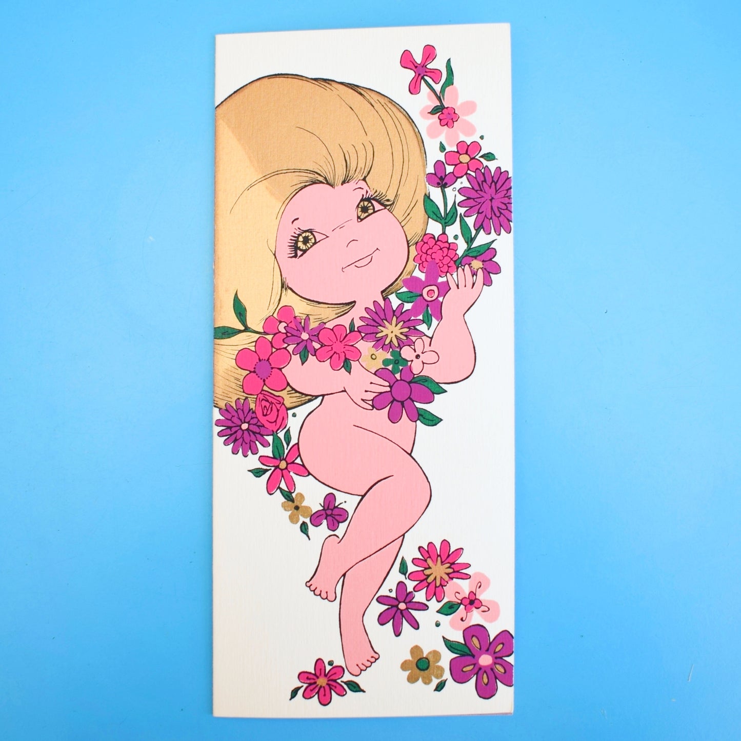 Vintage 1970s Greeting card - American Girl With Flowers - Gold Hair