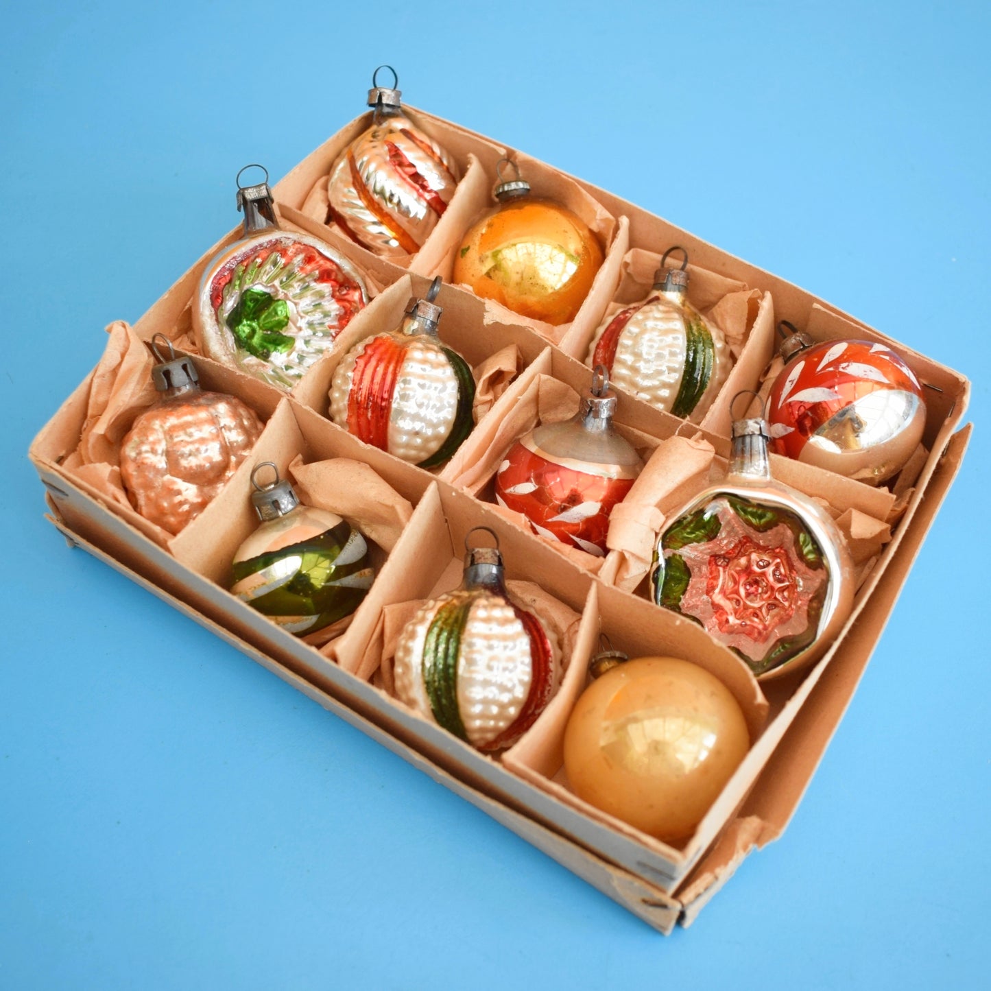 Vintage 1960s Glass Christmas Baubles - Smaller - Mixed x12 - Autumnal Colours