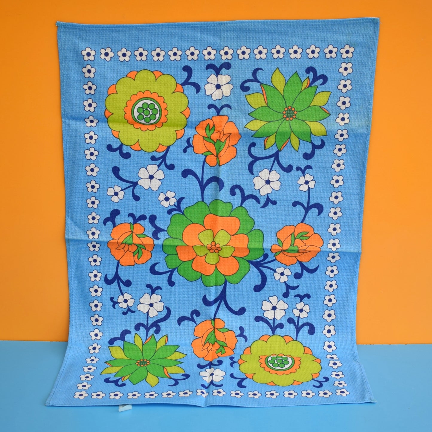 Vintage 1970s Tea Towel - Flower Power - Blue & Orange