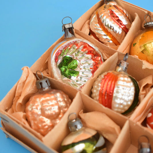 Vintage 1960s Glass Christmas Baubles - Smaller - Mixed x12 - Autumnal Colours