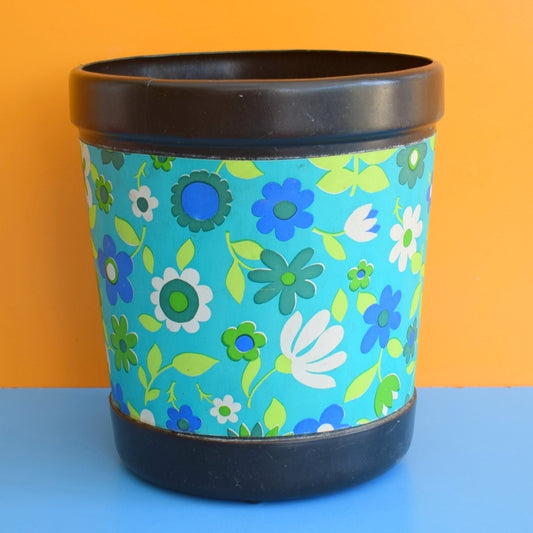 Vintage 1960s Plastic Waste Paper Bin - Flower Power - Blue & Green