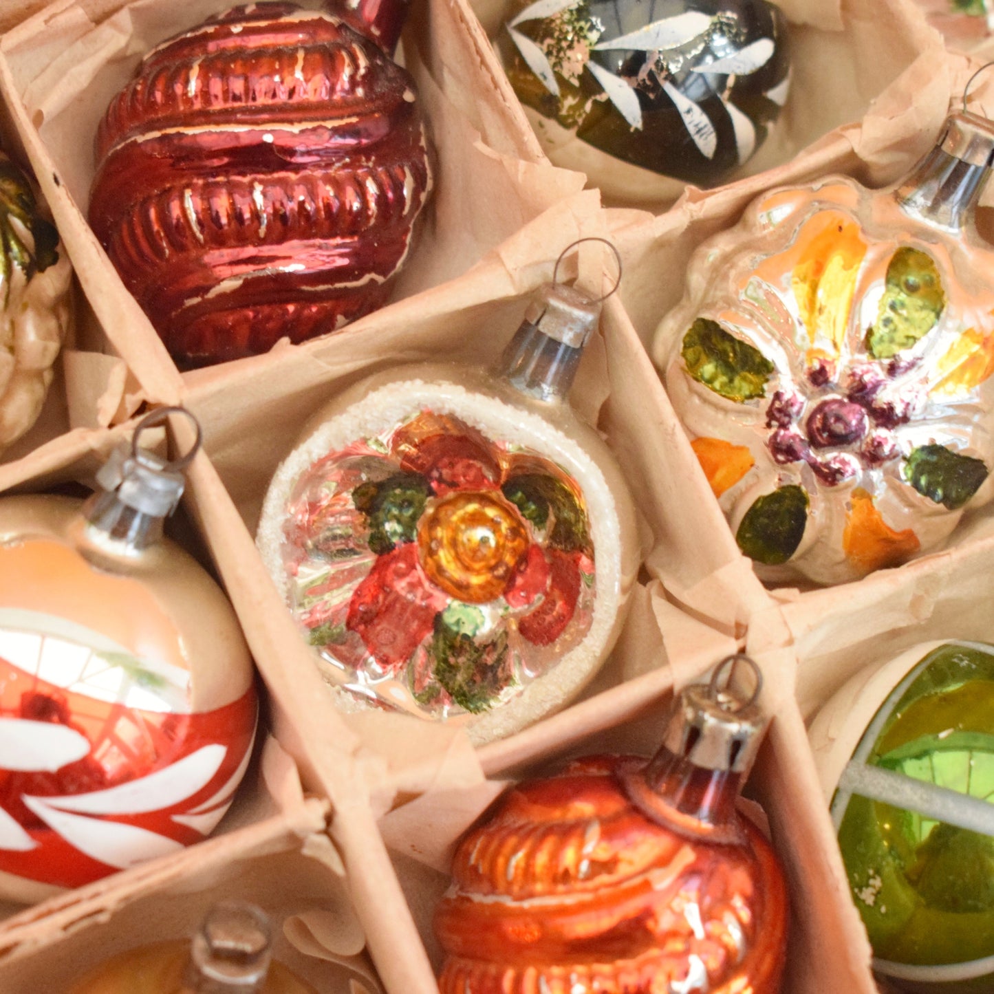 Vintage 1960s Glass Christmas Baubles - Smaller - Mixed x12 - Autumnal Colours.