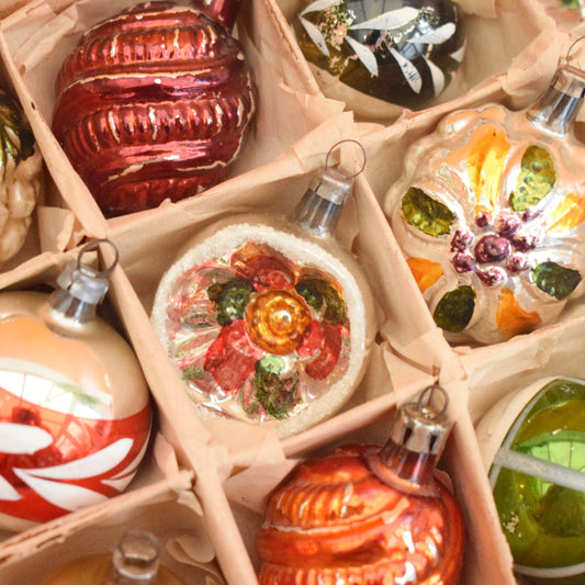 Vintage 1960s Glass Christmas Baubles - Smaller - Mixed x12 - Autumnal Colours.