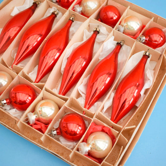 Vintage 1960s Small Teardrop / Bauble Glass Christmas Decorations  -Boxed - Red & Silver