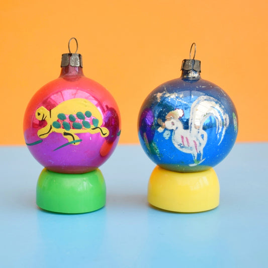 Vintage 1950s Glass Christmas Baubles - Hand Painted Turtle/ Rooster Design x2