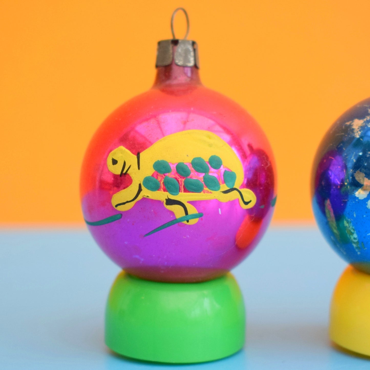 Vintage 1950s Glass Christmas Baubles - Hand Painted Turtle/ Rooster Design x2