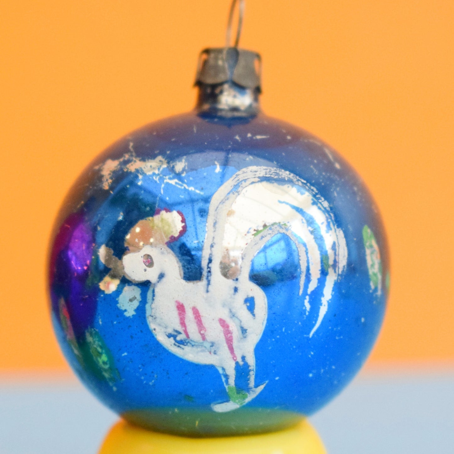 Vintage 1950s Glass Christmas Baubles - Hand Painted Turtle/ Rooster Design x2