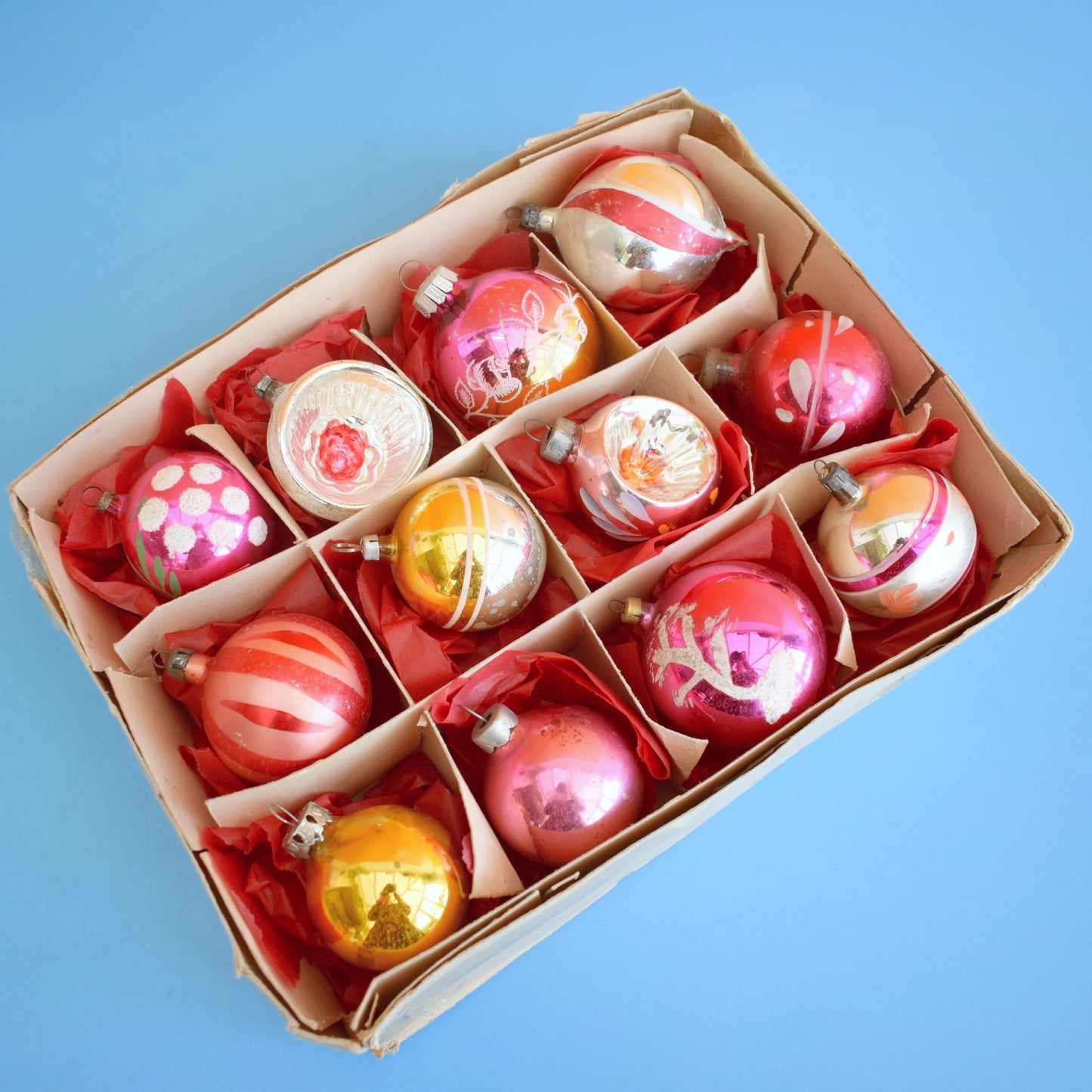 Vintage 1950s Glass Christmas Bauble Set - Boxed Medium- Pink/ Gold