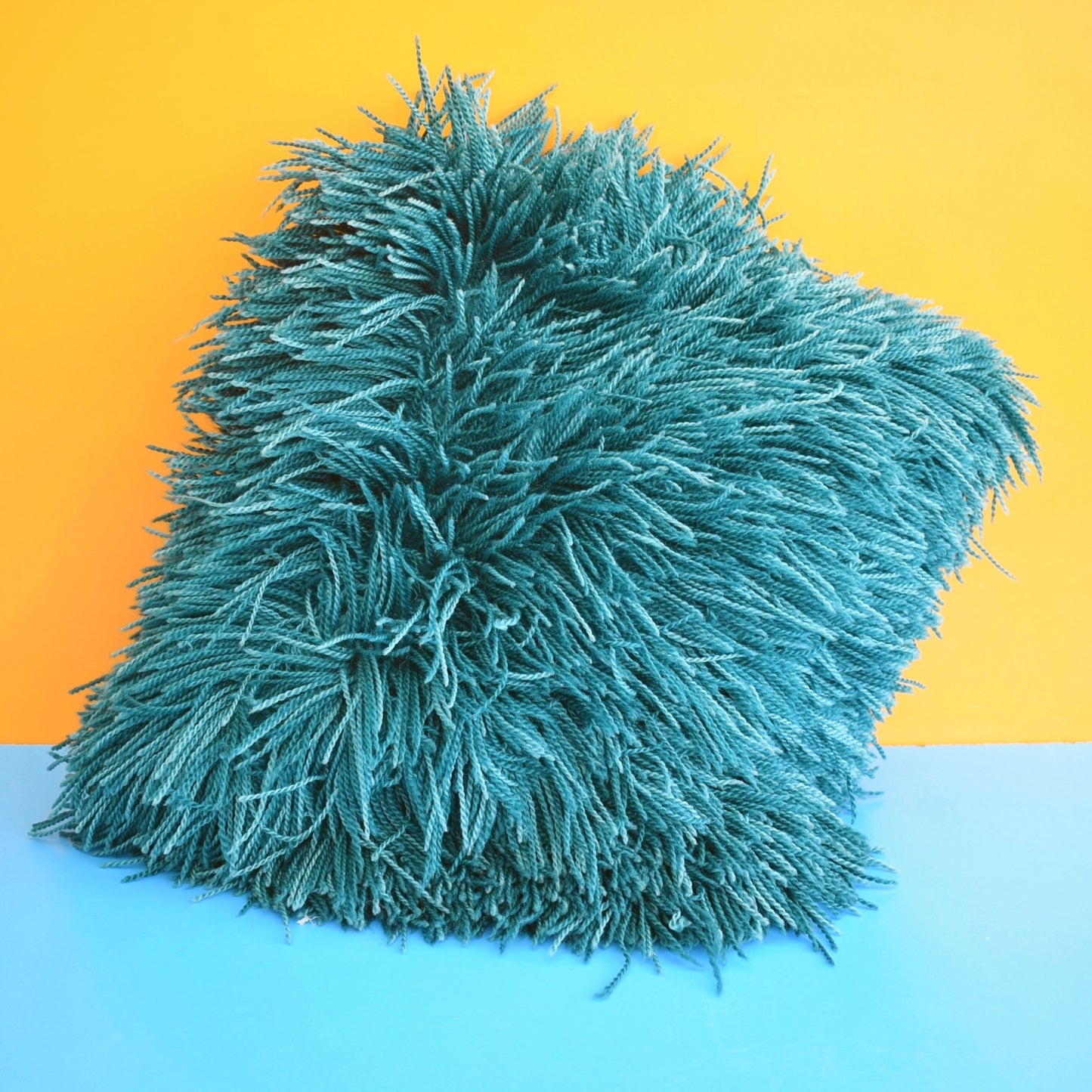 Vintage 1960s Shaggy Cushion - Handmade - Teal