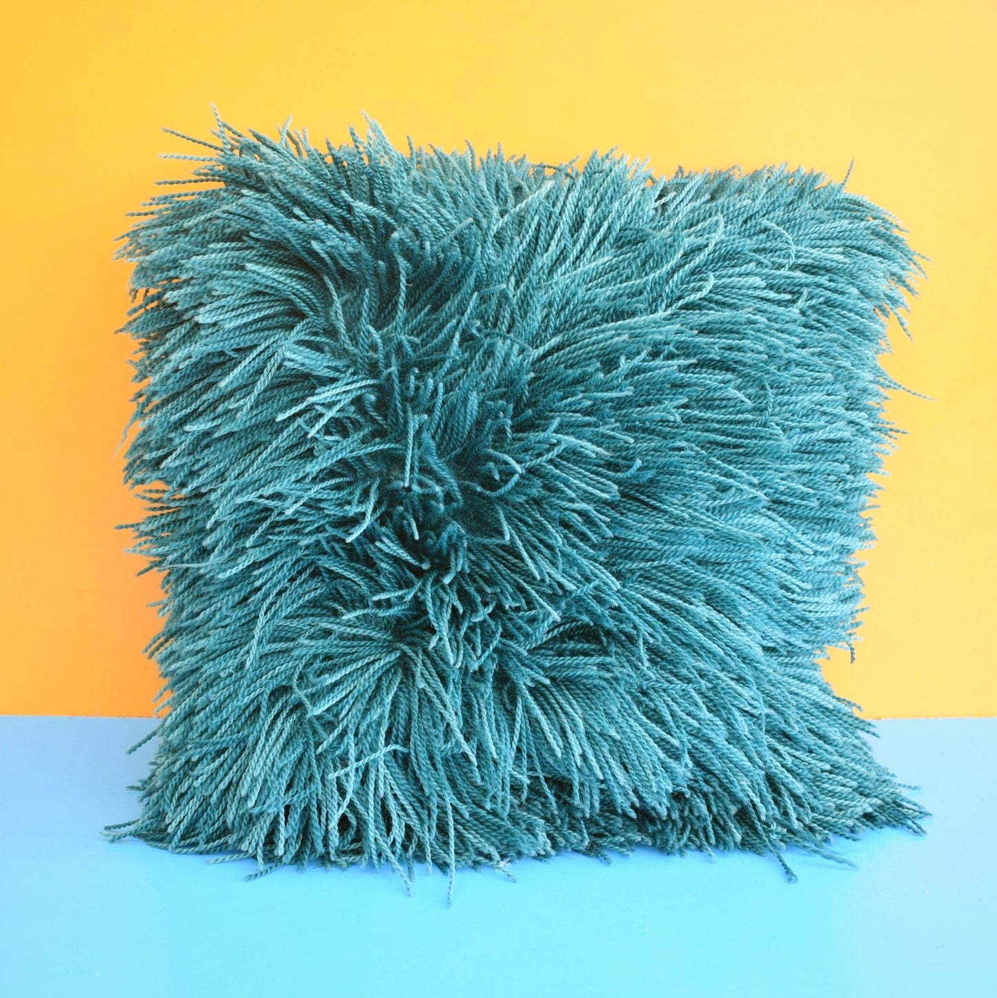 Vintage 1960s Shaggy Cushion - Handmade - Teal