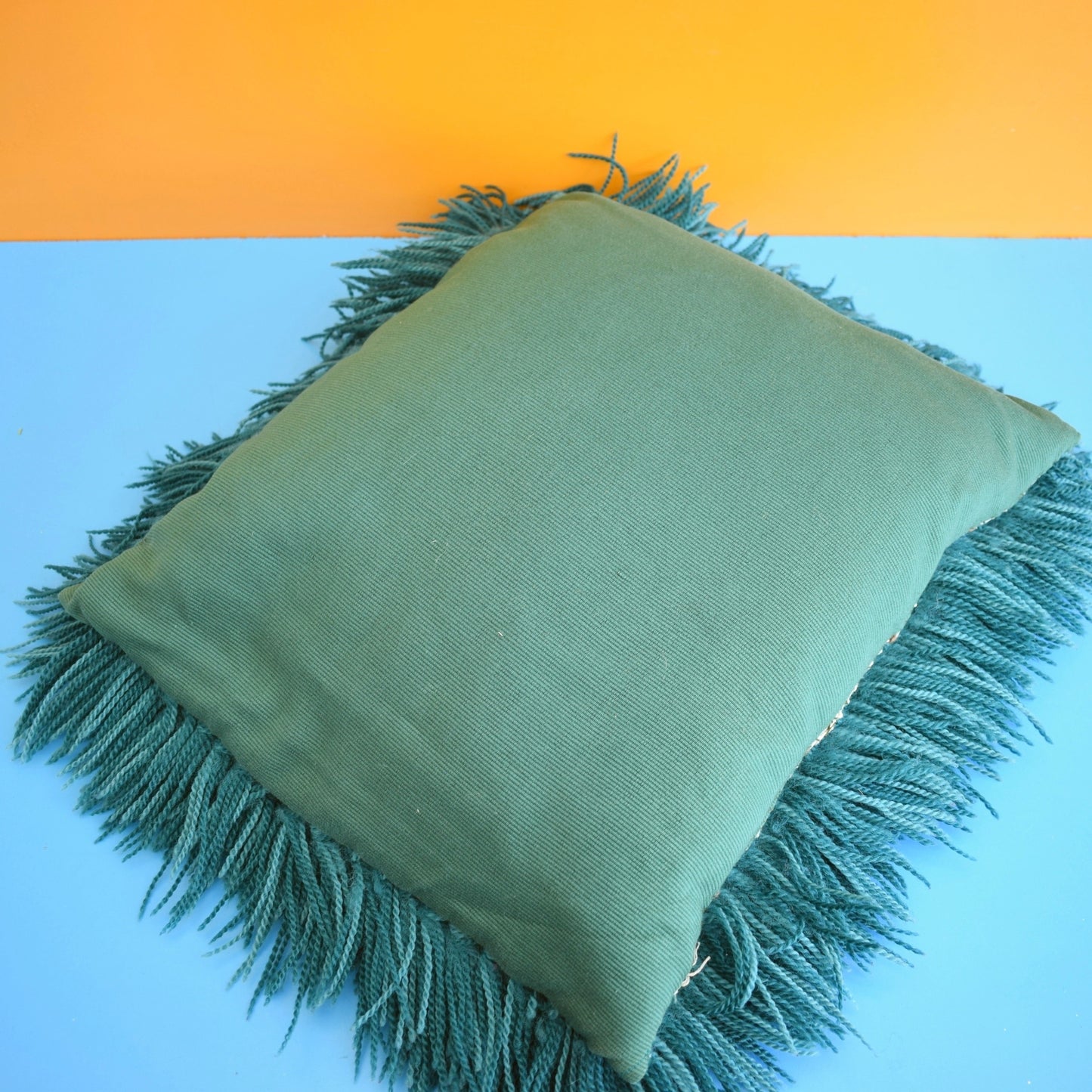 Vintage 1960s Shaggy Cushion - Handmade - Teal