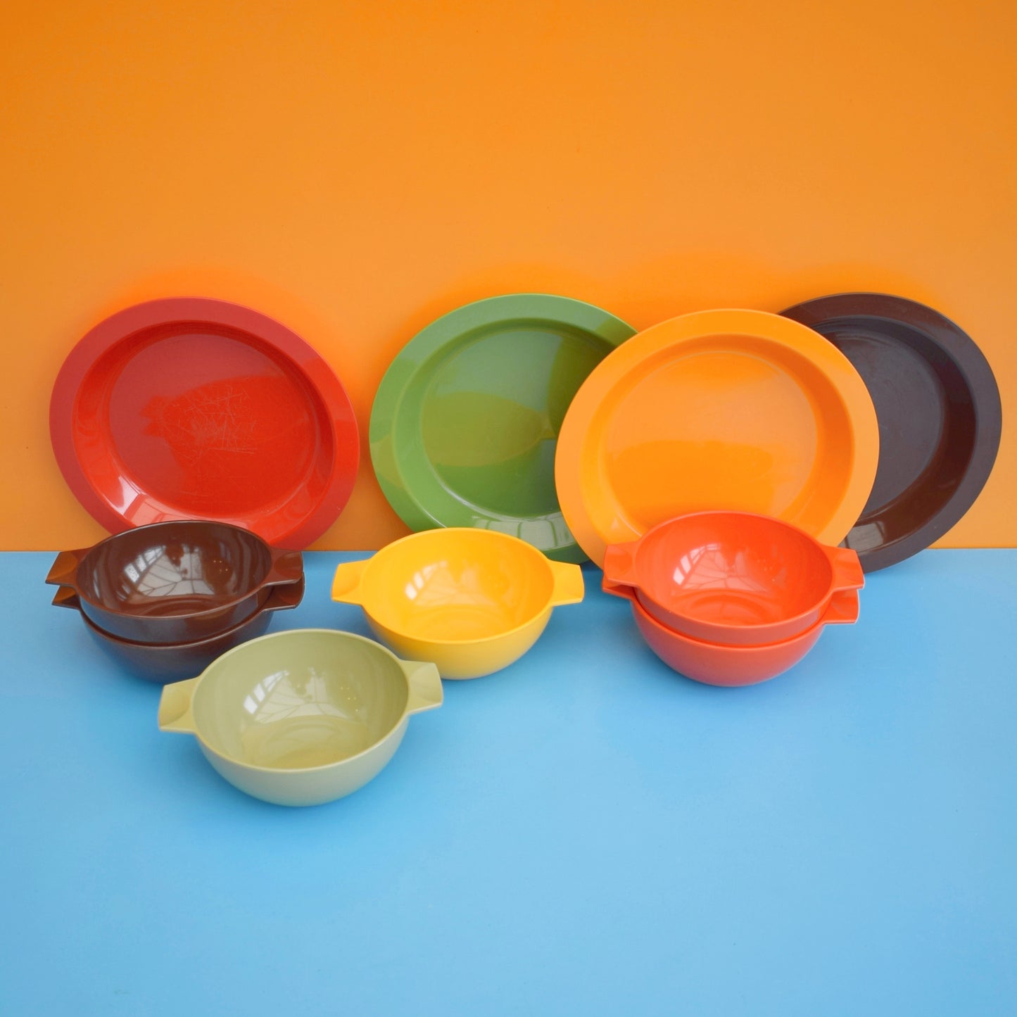 Vintage 1970s Melamine Plastic - Eggy Yellow, Orange, Green & Brown