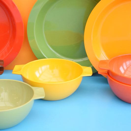 Vintage 1970s Melamine Plastic - Eggy Yellow, Orange, Green & Brown