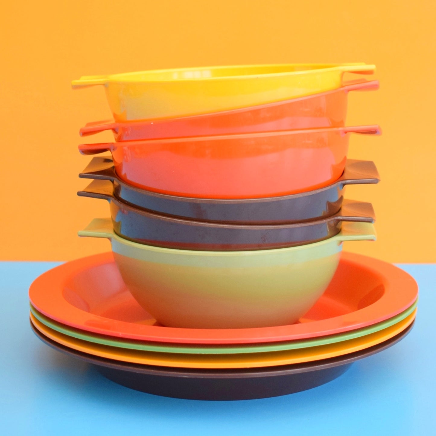 Vintage 1970s Melamine Plastic - Eggy Yellow, Orange, Green & Brown